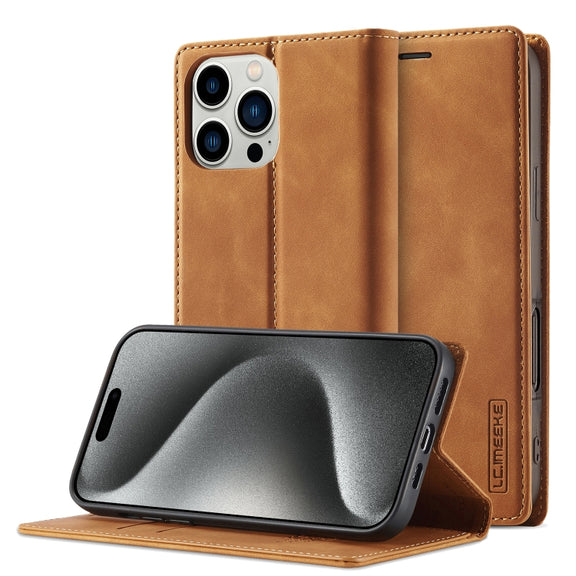 For iPhone 16 Pro Max LC.IMEEKE Strong Magnetism Microfiber Leather Phone Case(Brown)
