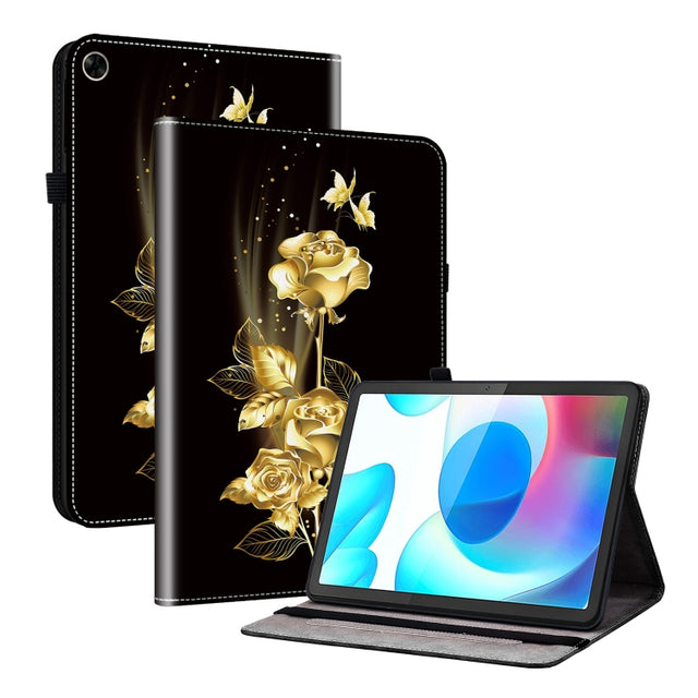 For Realme Pad 10.4 Crystal Texture Painted Leather Tablet Case(Gold Butterfly Rose)