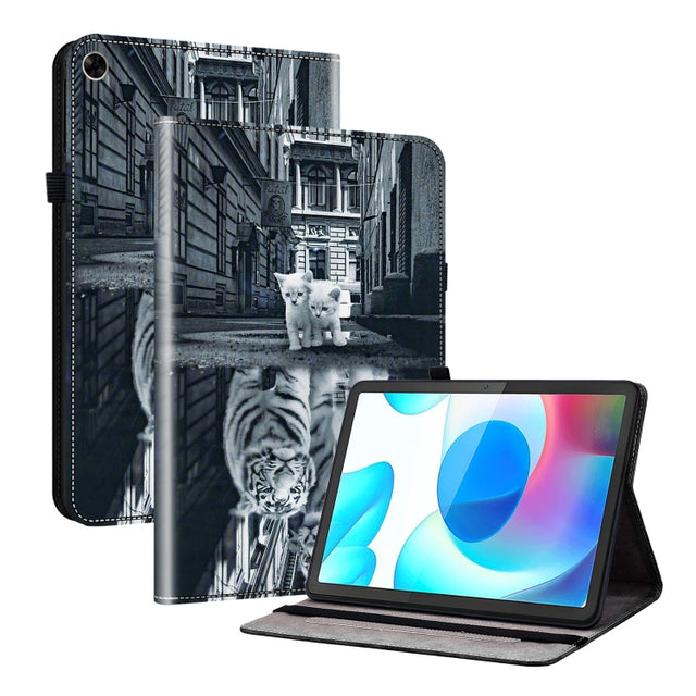For Realme Pad 10.4 Crystal Texture Painted Leather Tablet Case(Cat Reflection Tiger)