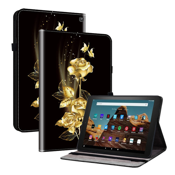 For Amazon Fire HD10 2023 Crystal Texture Painted Leather Tablet Case(Gold Butterfly Rose)