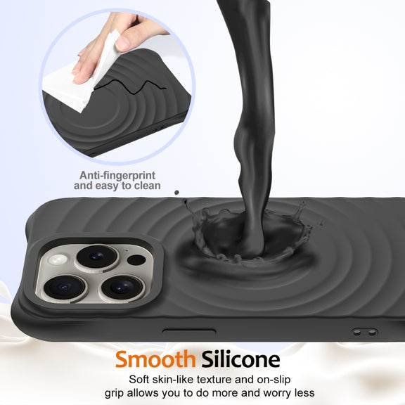 For iPhone 16 Pro Max Wave Texture MagSafe Magnetic Liquid Silicone Phone Case(Black)