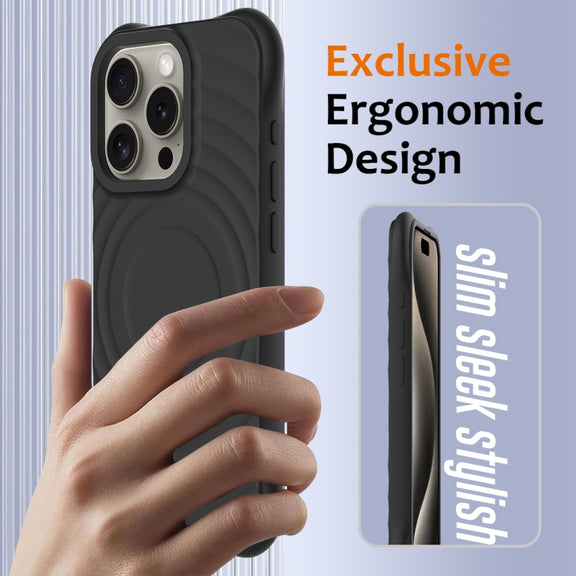 For iPhone 16 Pro Wave Texture MagSafe Magnetic Liquid Silicone Phone Case(Black)
