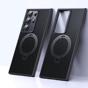 For Samsung Galaxy S24 Ultra 5G Double Ring MagSafe Holder Carbon Fibre Phone Case(Black)