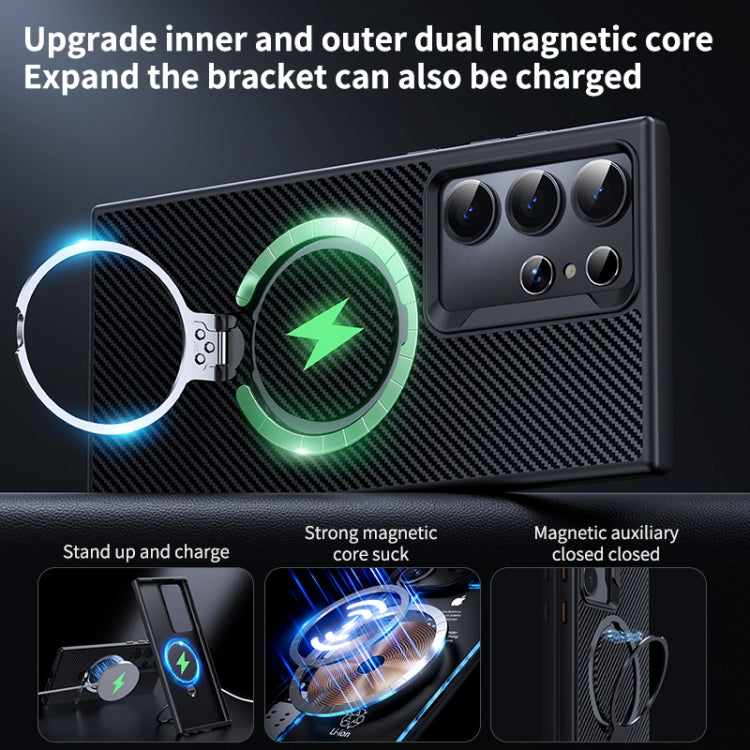 For Samsung Galaxy S24 Ultra 5G Double Ring MagSafe Holder Carbon Fibre Phone Case(Black)
