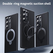 For Samsung Galaxy S24 Ultra 5G Double Ring MagSafe Holder Carbon Fibre Phone Case(Silver)