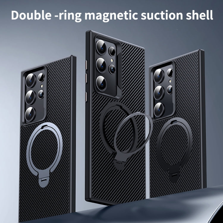 For Samsung Galaxy S24 Ultra 5G Double Ring MagSafe Holder Carbon Fibre Phone Case(Silver)