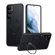 For Samsung Galaxy S25 5G Double Ring MagSafe Holder Carbon Fibre Phone Case(Black)