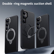 For Samsung Galaxy S25 5G Double Ring MagSafe Holder Carbon Fibre Phone Case(Black)