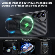 For Samsung Galaxy S25 5G Double Ring MagSafe Holder Carbon Fibre Phone Case(Black)