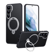 For Samsung Galaxy S25+ 5G Double Ring MagSafe Holder Carbon Fibre Phone Case(Silver)