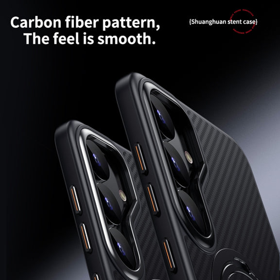 For Samsung Galaxy S25+ 5G Double Ring MagSafe Holder Carbon Fibre Phone Case(Silver)