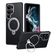 For Samsung Galaxy S25 Ultra 5G Double Ring MagSafe Holder Carbon Fibre Phone Case(Silver)