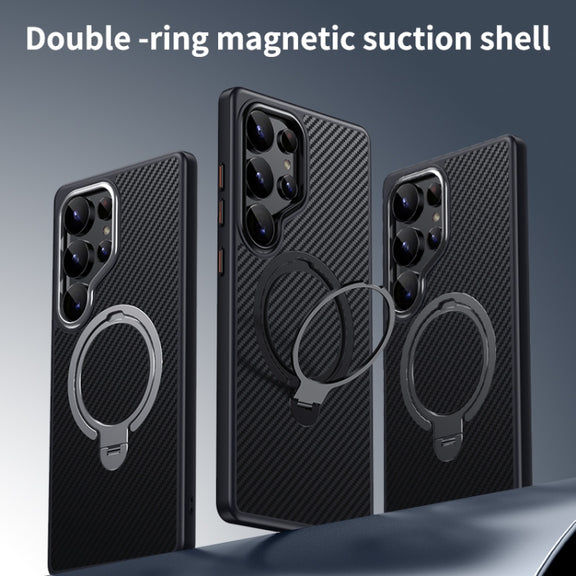 For Samsung Galaxy S25 Ultra 5G Double Ring MagSafe Holder Carbon Fibre Phone Case(Silver)