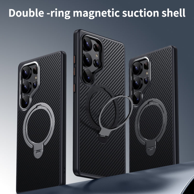 For Samsung Galaxy S25 Ultra 5G Double Ring MagSafe Holder Carbon Fibre Phone Case(Silver)