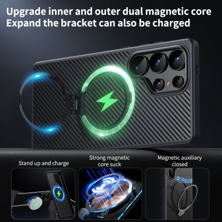 For Samsung Galaxy S25 Ultra 5G Double Ring MagSafe Holder Carbon Fibre Phone Case(Silver)