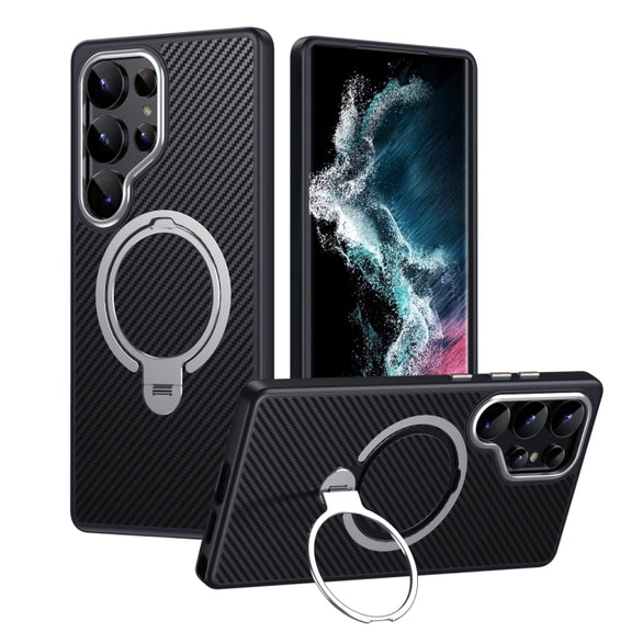 For Samsung Galaxy S25 Ultra 5G Double Ring MagSafe Holder Carbon Fibre Phone Case(Silver)