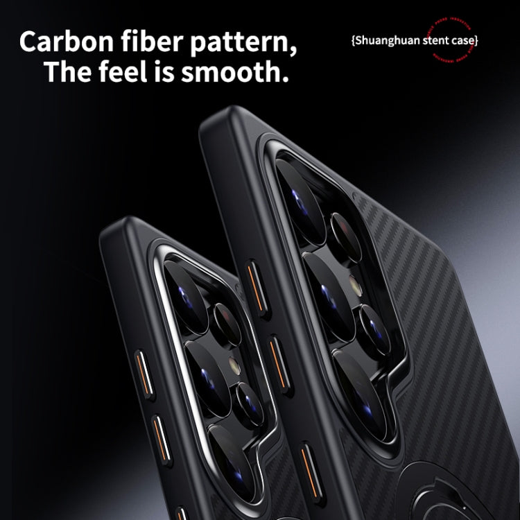 For Samsung Galaxy S25 Ultra 5G Double Ring MagSafe Holder Carbon Fibre Phone Case(Silver)
