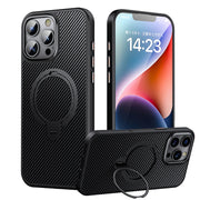 For iPhone 16 Pro Double Ring MagSafe Holder Carbon Fiber Phone Case(Black)