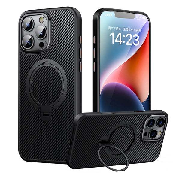 For iPhone 16 Pro Double Ring MagSafe Holder Carbon Fiber Phone Case(Black)