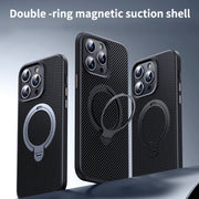For iPhone 16 Plus Double Ring MagSafe Holder Carbon Fiber Phone Case(Silver)