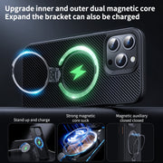 For iPhone 16 Double Ring MagSafe Holder Carbon Fiber Phone Case(Black)