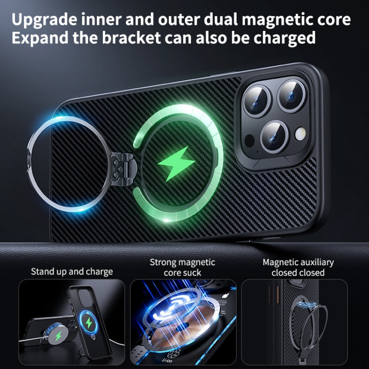 For iPhone 16 Pro Double Ring MagSafe Holder Carbon Fiber Phone Case(Black)