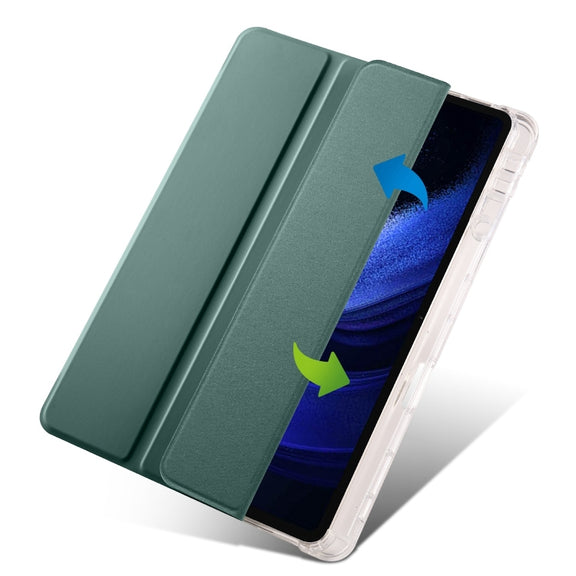 For iPad Air 11 2025 / 2024 3-fold Clear TPU Smart Leather Tablet Case with Pen Slot(Dark Green)