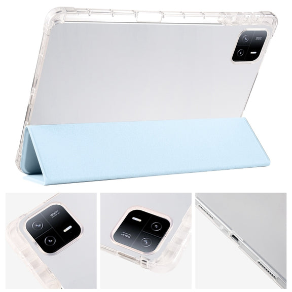 For iPad Air 11 2024 3-fold Clear TPU Smart Leather Tablet Case with Pen Slot(Ice Blue)