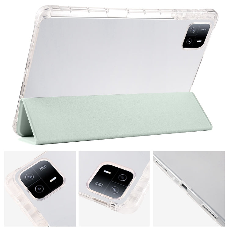 For iPad Air 11 2024 3-fold Clear TPU Smart Leather Tablet Case with Pen Slot(Light Green)