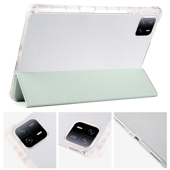 For iPad Air 13 2024 3-fold Clear TPU Smart Leather Tablet Case with Pen Slot(Light Green)