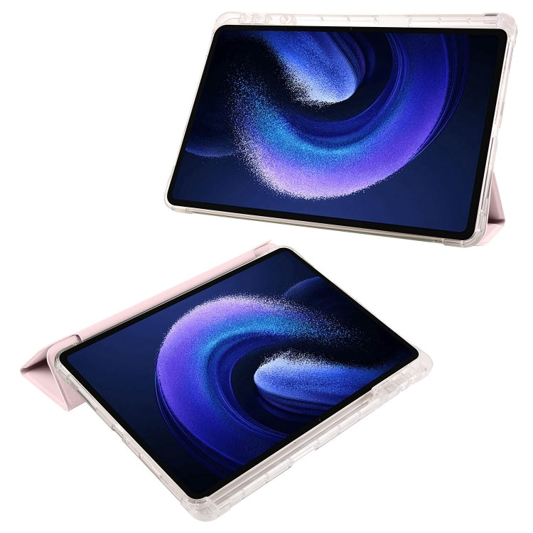 For iPad Air 13 2025 / 2024 3-fold Clear TPU Smart Leather Tablet Case with Pen Slot(Sand Pink)