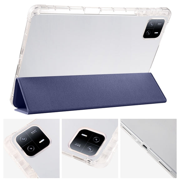 For iPad Air 13 2025 / 2024 3-fold Clear TPU Smart Leather Tablet Case with Pen Slot(Dark Blue)