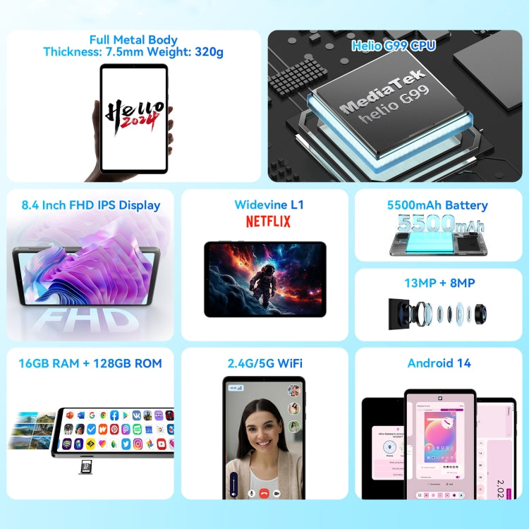 HEADWOLF Fpad5 4G LTE Tablet PC, 8GB+128GB, 8.4 inch Android 14 MT6789 Octa Core Support Dual SIM, Global Version with Google Play(Black) - free shipping - PMC Jewellery - Order now!