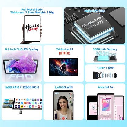 HEADWOLF Fpad5 4G LTE Tablet PC, 8GB+128GB, 8.4 inch Android 14 MT6789 Octa Core Support Dual SIM, Global Version with Google Play(Black) - free shipping - PMC Jewellery - Order now!