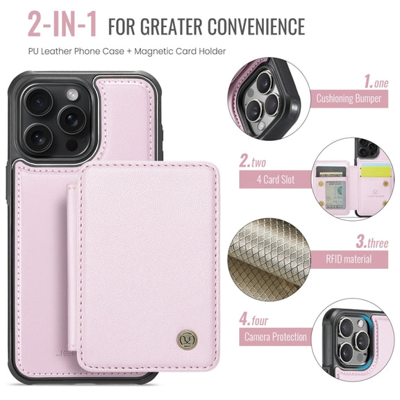 For iPhone 15 Pro JEEHOOD J05 Business Magnetic Style RFID Leather Phone Case(Pink)