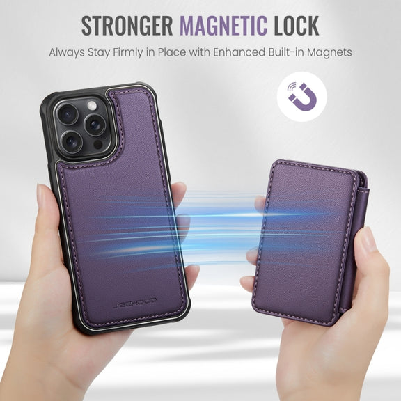 For iPhone 15 Plus JEEHOOD J05 Business Magnetic Style RFID Leather Phone Case(Purple)