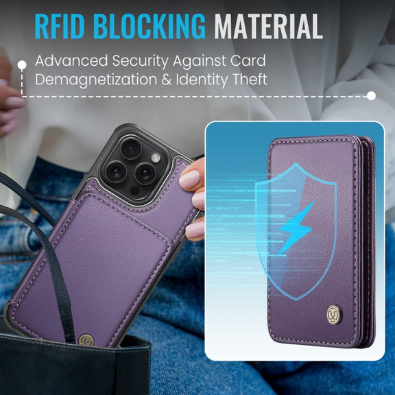 For iPhone 15 Plus JEEHOOD J05 Business Magnetic Style RFID Leather Phone Case(Purple)