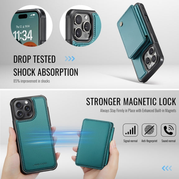 For iPhone 16 Pro Max JEEHOOD J05 Business Magnetic Style RFID Leather Phone Case(Blue Green)
