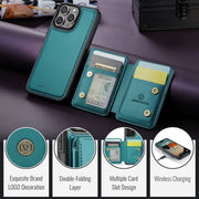 For iPhone 16 Pro Max JEEHOOD J05 Business Magnetic Style RFID Leather Phone Case(Blue Green)