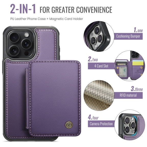 For iPhone 16 Pro JEEHOOD J05 Business Magnetic Style RFID Leather Phone Case(Purple)