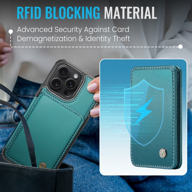 For iPhone 16 Pro JEEHOOD J05 Business Magnetic Style RFID Leather Phone Case(Blue Green)