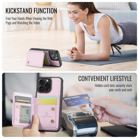 For iPhone 16 Pro JEEHOOD J05 Business Magnetic Style RFID Leather Phone Case(Pink)