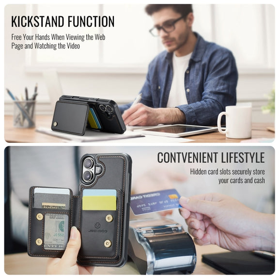 For iPhone 16 Plus JEEHOOD J05 Business Magnetic Style RFID Leather Phone Case(Black)
