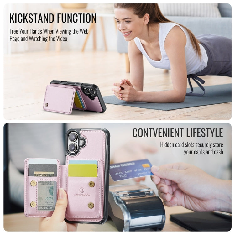 For iPhone 16 Plus JEEHOOD J05 Business Magnetic Style RFID Leather Phone Case(Pink)