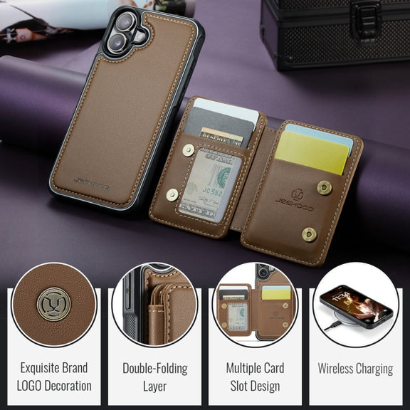 For iPhone 16 Plus JEEHOOD J05 Business Magnetic Style RFID Leather Phone Case(Brown)