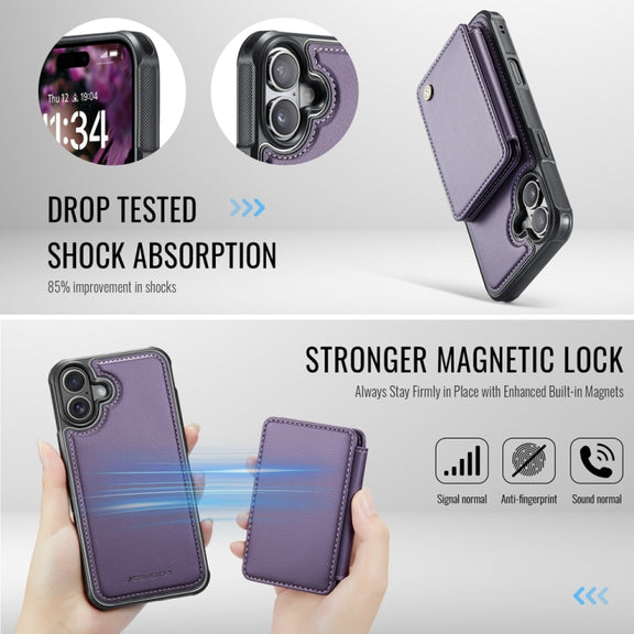 For iPhone 16 JEEHOOD J05 Business Magnetic Style RFID Leather Phone Case(Purple)