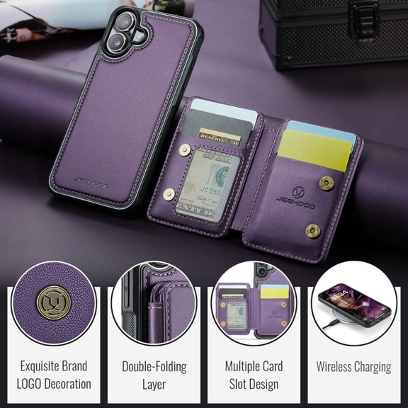 For iPhone 16 JEEHOOD J05 Business Magnetic Style RFID Leather Phone Case(Purple)