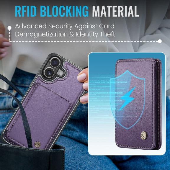 For iPhone 16 JEEHOOD J05 Business Magnetic Style RFID Leather Phone Case(Purple)