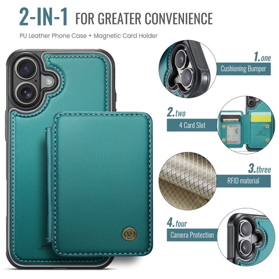 For iPhone 16 JEEHOOD J05 Business Magnetic Style RFID Leather Phone Case(Blue Green)