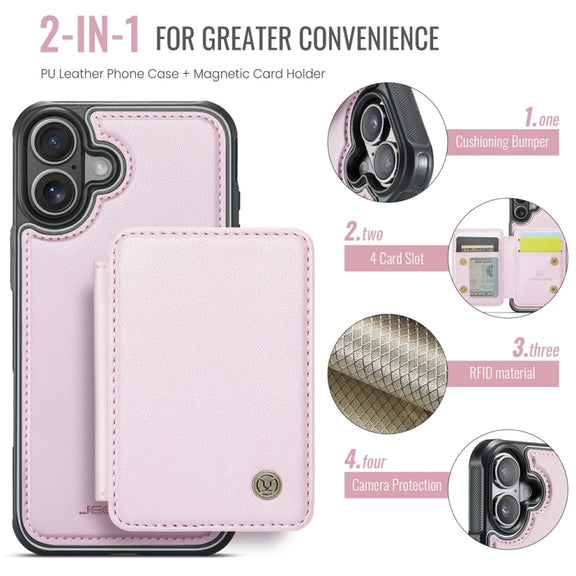 For iPhone 16 JEEHOOD J05 Business Magnetic Style RFID Leather Phone Case(Pink)